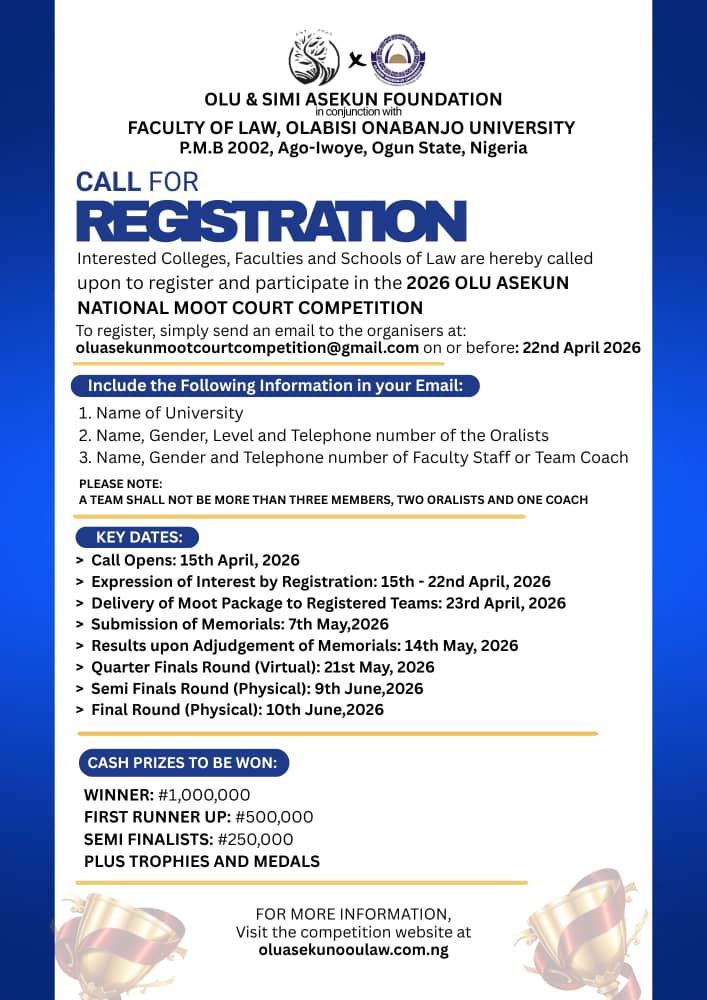 2026 Olu Asekun National Moot Court Competition – Call for Registration